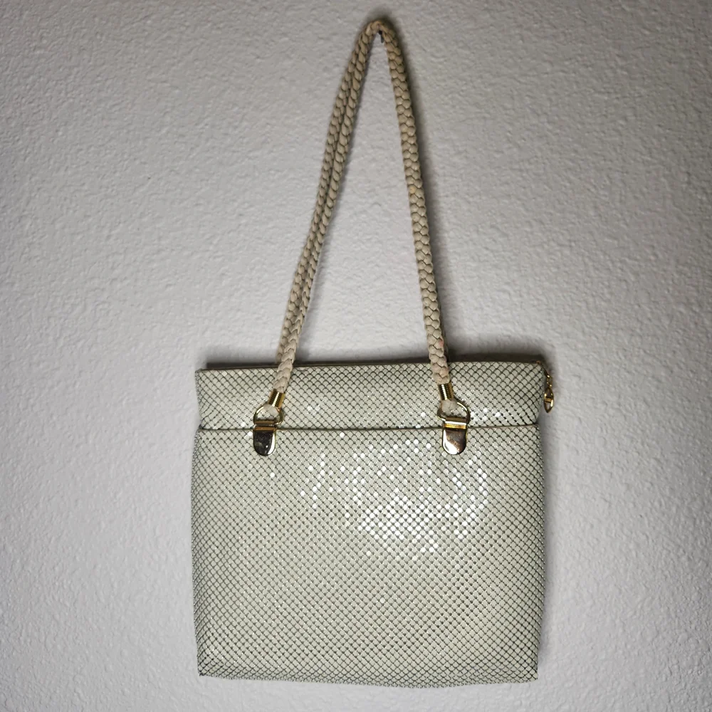 Retro Offwhite Tote Chainmail-like Diamond Shaped Links Cover It Gold Accents